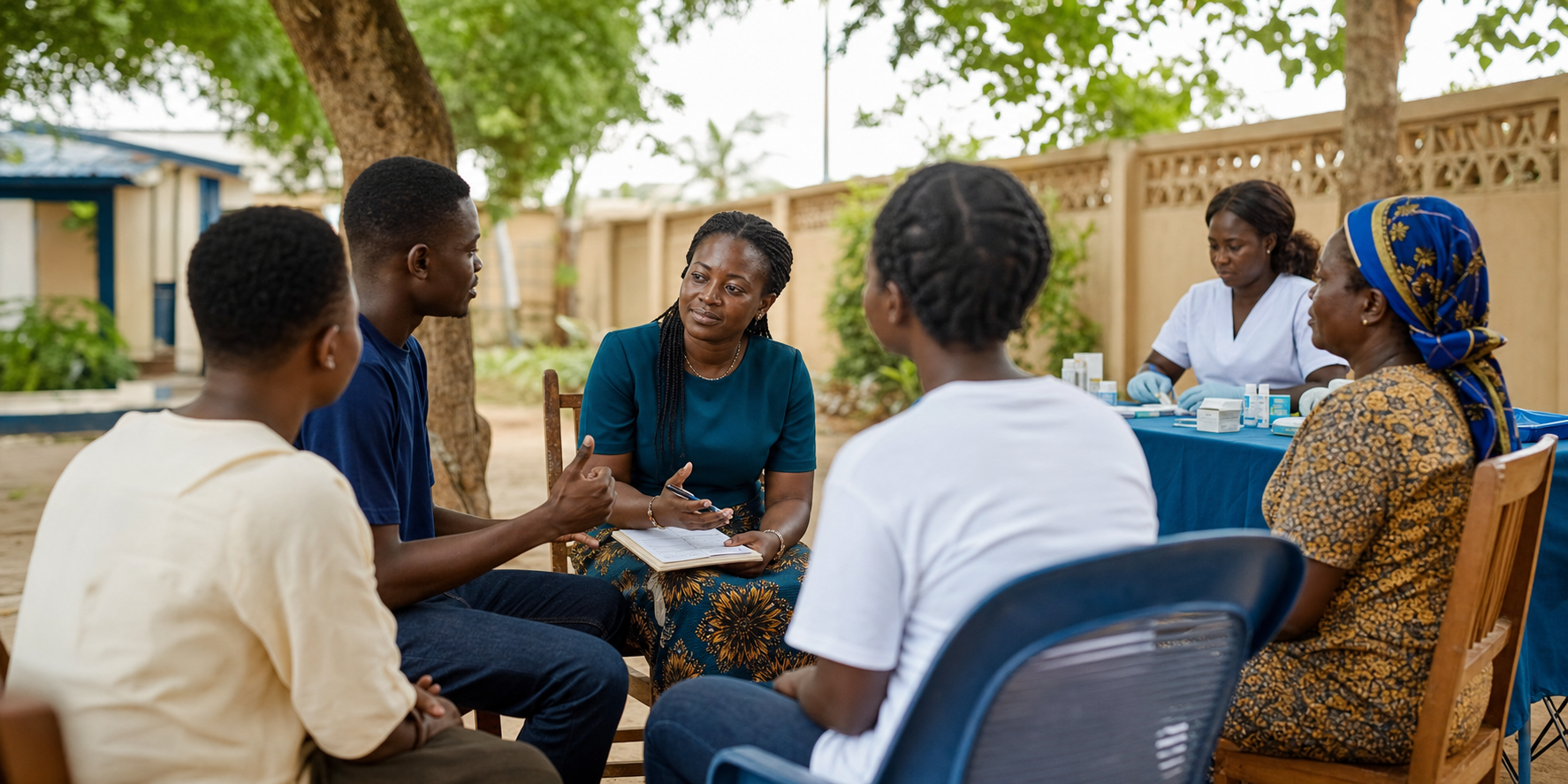 Community mental health counsellor listening during a Ghana outreach circle